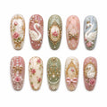 Royal Swan Princess Press On Nails – Vintage Coquette Pearl Rose Gold Luxury Set