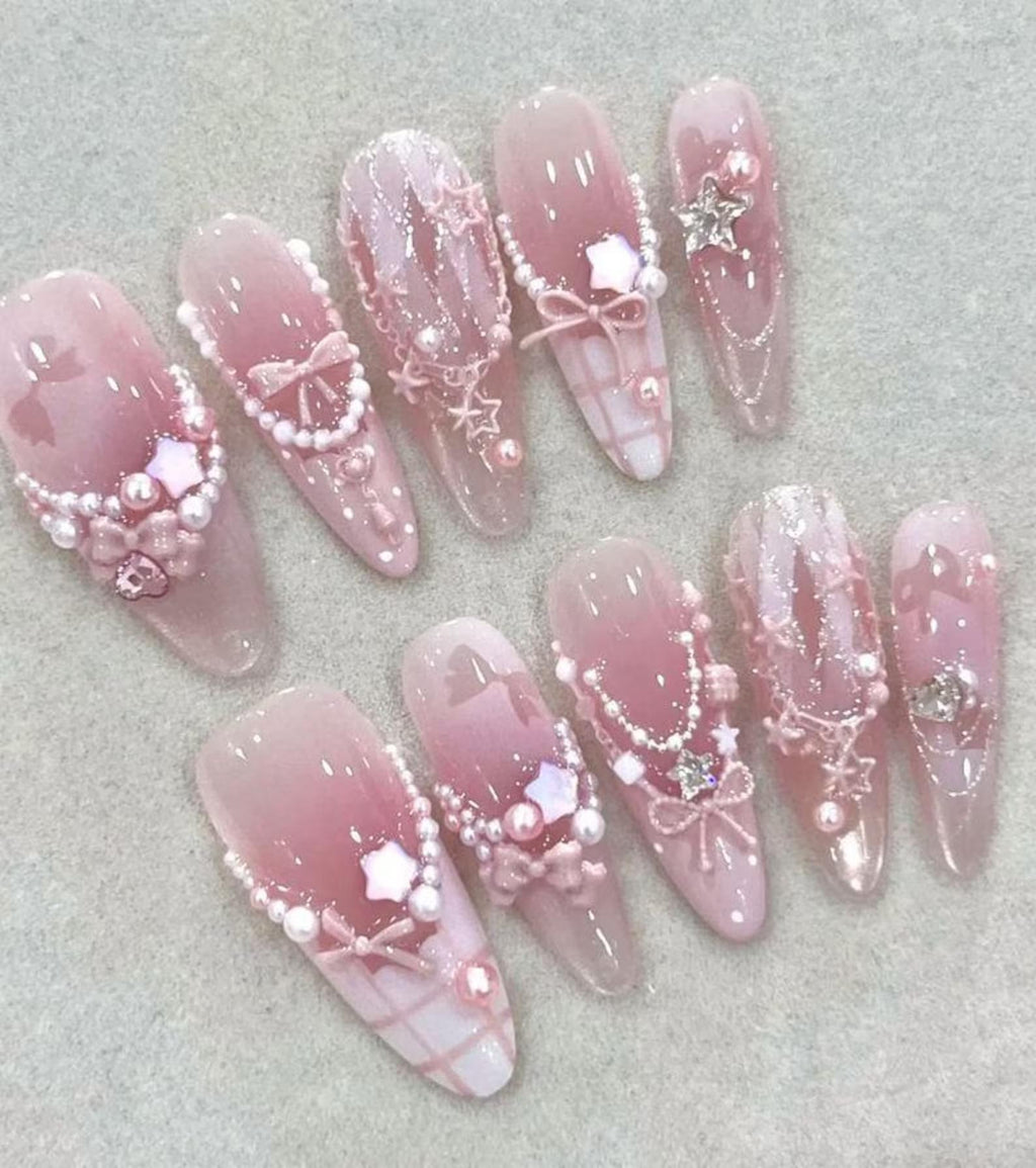 Soft Pink Plaid Press on Nails, Japanese Kawaii 3D Bow Nails with Pearl Chains, Luxury Ribbon Almond Nails, Reusable Custom Nail , Handmade