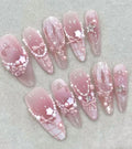 Soft Pink Plaid Press on Nails, Japanese Kawaii 3D Bow Nails with Pearl Chains, Luxury Ribbon Almond Nails, Reusable Custom Nail , Handmade