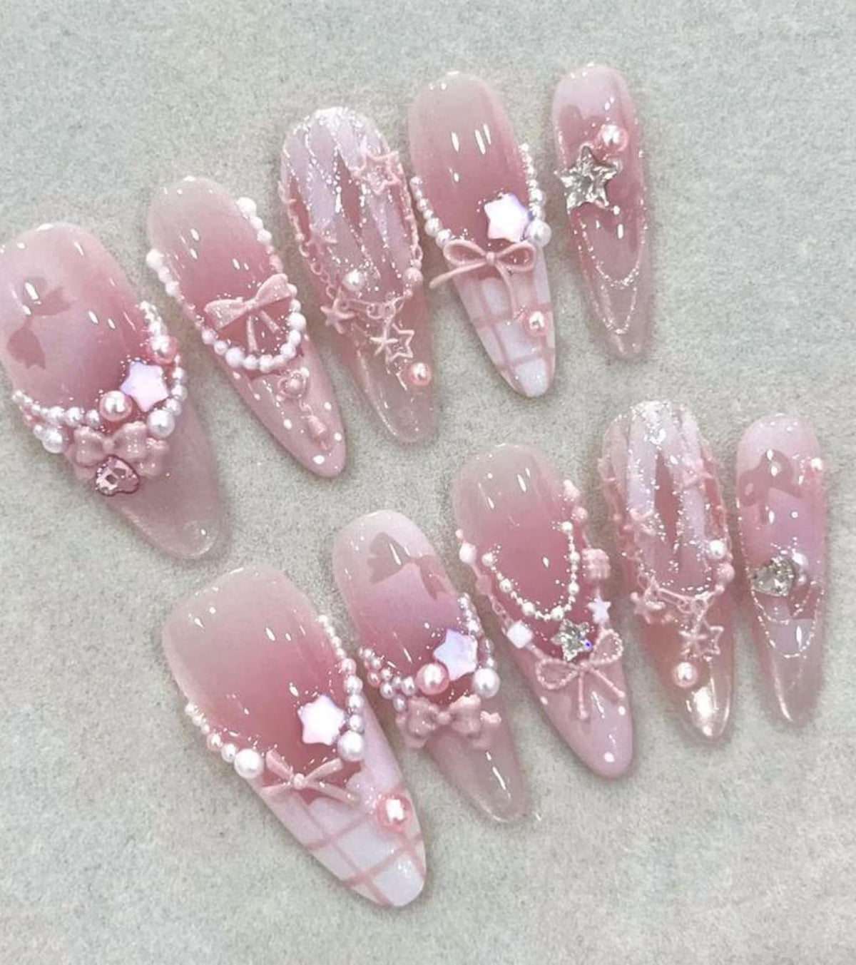 Soft Pink Plaid Press on Nails, Japanese Kawaii 3D Bow Nails with Pearl Chains, Luxury Ribbon Almond Nails, Reusable Custom Nail , Handmade