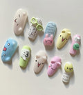 Handmade Kaomoji Press On Nails, Kawaii Mismatched 3D Animal Nails, Cute Emoticon Acrylic Nails, Japanese Harajuku Glue On Nails, Y2K Kawaii Nail Art with Gift Set (Adhesive Tabs, Nail File, Cuticle Stick)