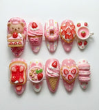 Kawaii 3D Dessert Press On Nails Set Pink Strawberry Bear Coquette Reusable Nail Art for Holiday, Vacation, Birthday Multicolor