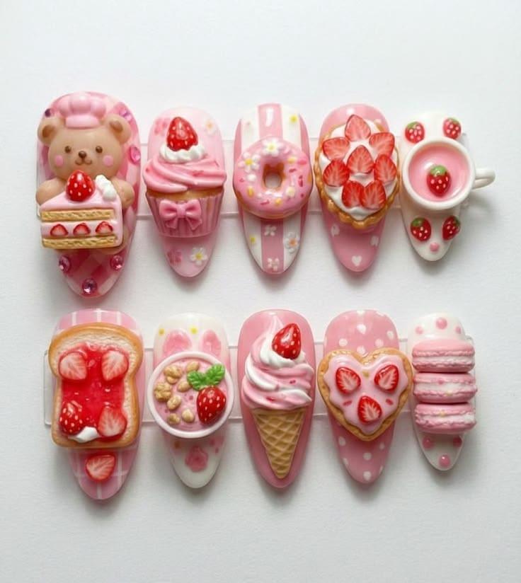 Kawaii 3D Dessert Press On Nails Set Pink Strawberry Bear Coquette Reusable Nail Art for Holiday, Vacation, Birthday Multicolor