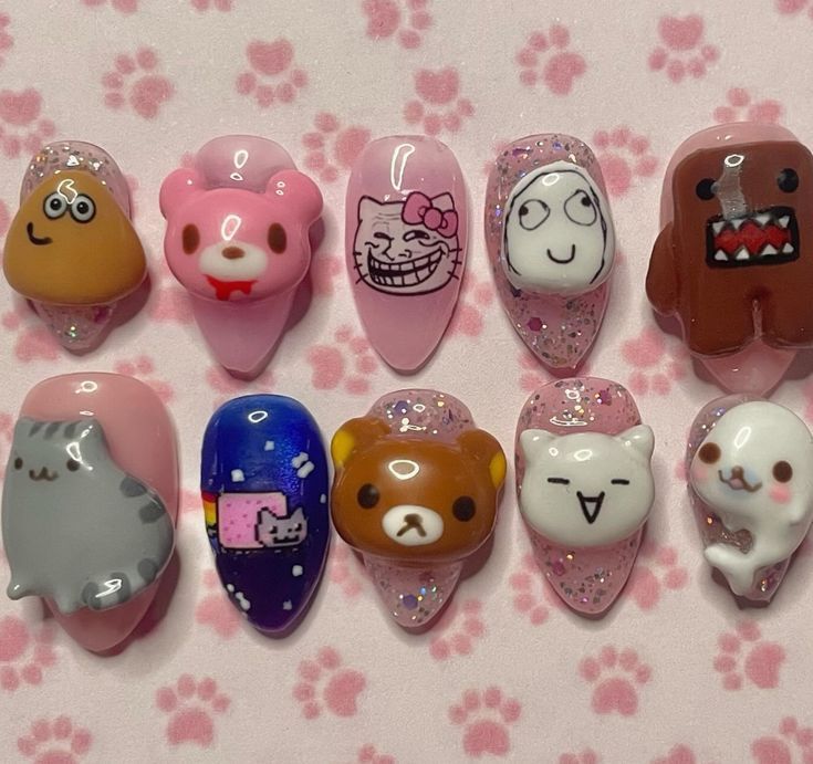 Handmade Kawaii Meme Press On Nails, 3D Internet Cartoon Character Nails, Cute Harajuku Acrylic Nails, Colorful Y2K Japanese Glue On Nails with Gift Set (Adhesive Tabs, Nail File, Cuticle Stick)