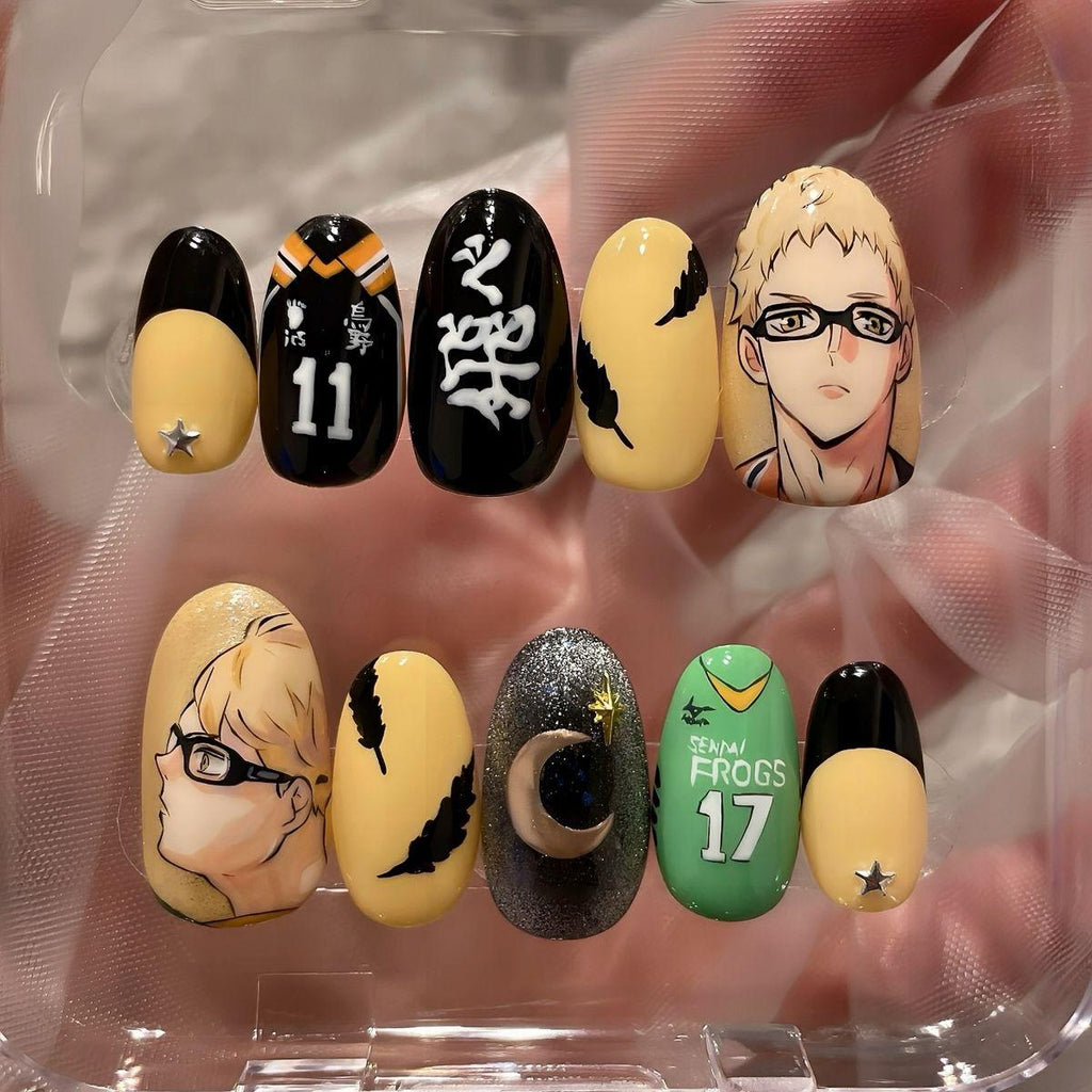 Handmade Haikyuu Press On Nails, Kei Tsukishima Anime Nails, Karasuno Volleyball Nail Set, Feather Kawaii Cosplay Reusable Gel Fake Nails with Gift Set (Adhesive Tabs, Nail File, Cuticle Stick)