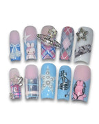 Pastel Bunny Y2K Press On Nails | Pink Blue Plaid Kawaii Nail Set | Rhinestone Star Handmade Reusable Nails for Beaches, Summer, Holiday, Vacation, Birthday
