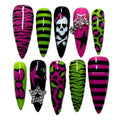 Scene Queen Press On Nails – Handmade Neon Pink & Green Stiletto Nails with Skulls, Leopard Print & 3D Rhinestone Stars | Reusable Glossy Fake Nails with Gift Set (Adhesive Tabs, Nail File, Cuticle Stick)