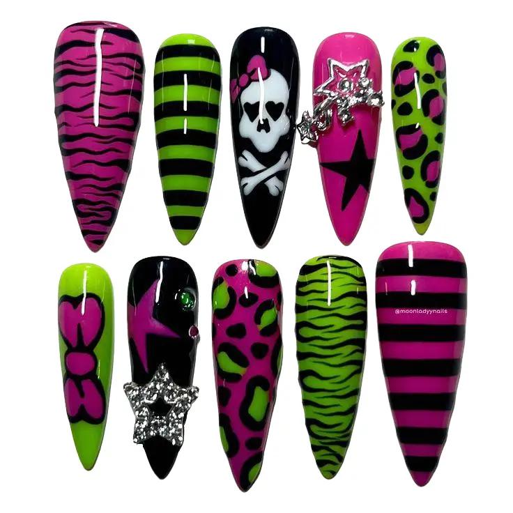Scene Queen Press On Nails – Handmade Neon Pink & Green Stiletto Nails with Skulls, Leopard Print & 3D Rhinestone Stars | Reusable Glossy Fake Nails with Gift Set (Adhesive Tabs, Nail File, Cuticle Stick)