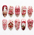 Handmade Miffy Christmas Press-On Nails, 3D Gel Candy Cane, Gingerbread House Art (Reusable)