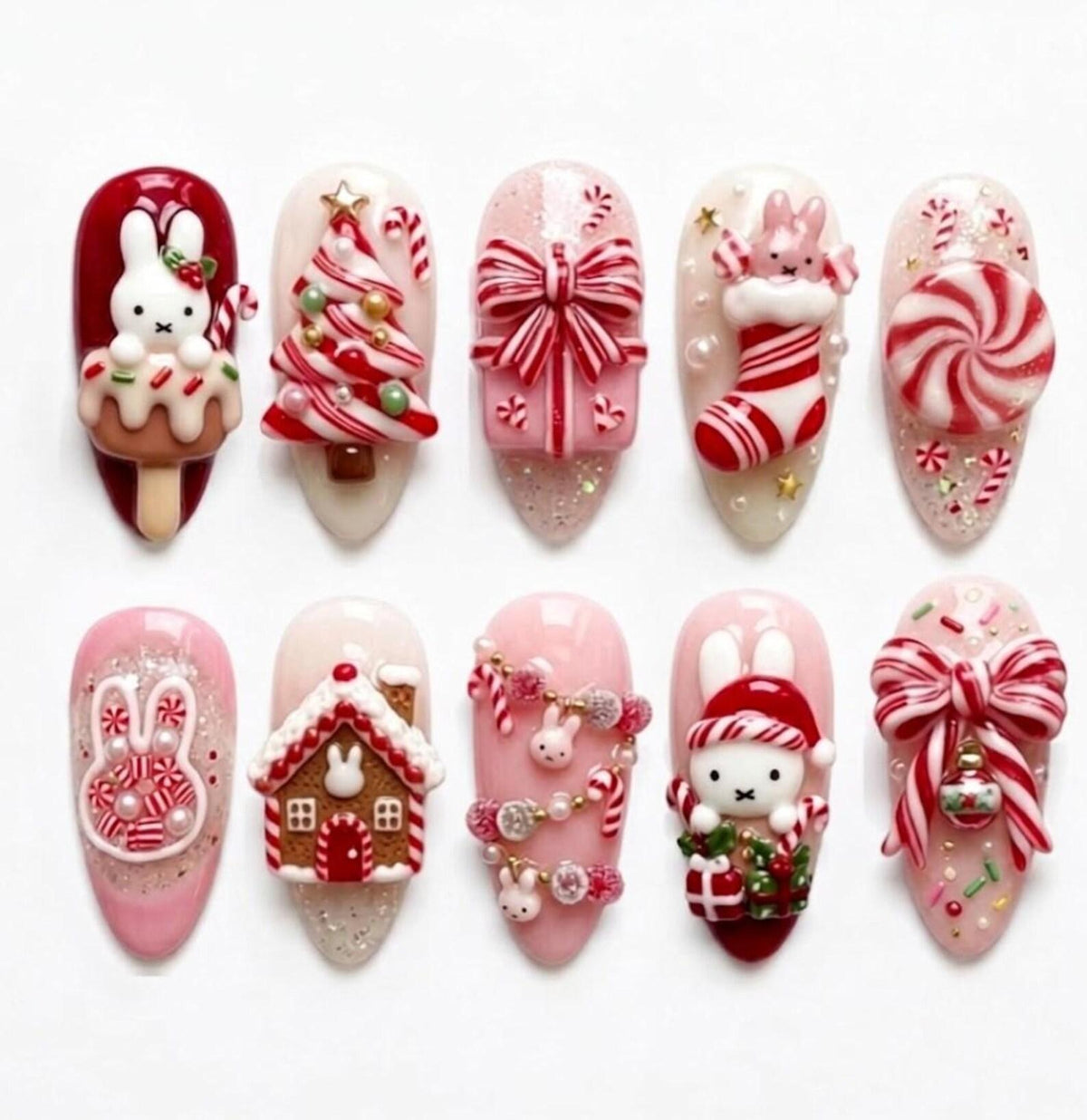 Handmade Miffy Christmas Press-On Nails, 3D Gel Candy Cane, Gingerbread House Art (Reusable)