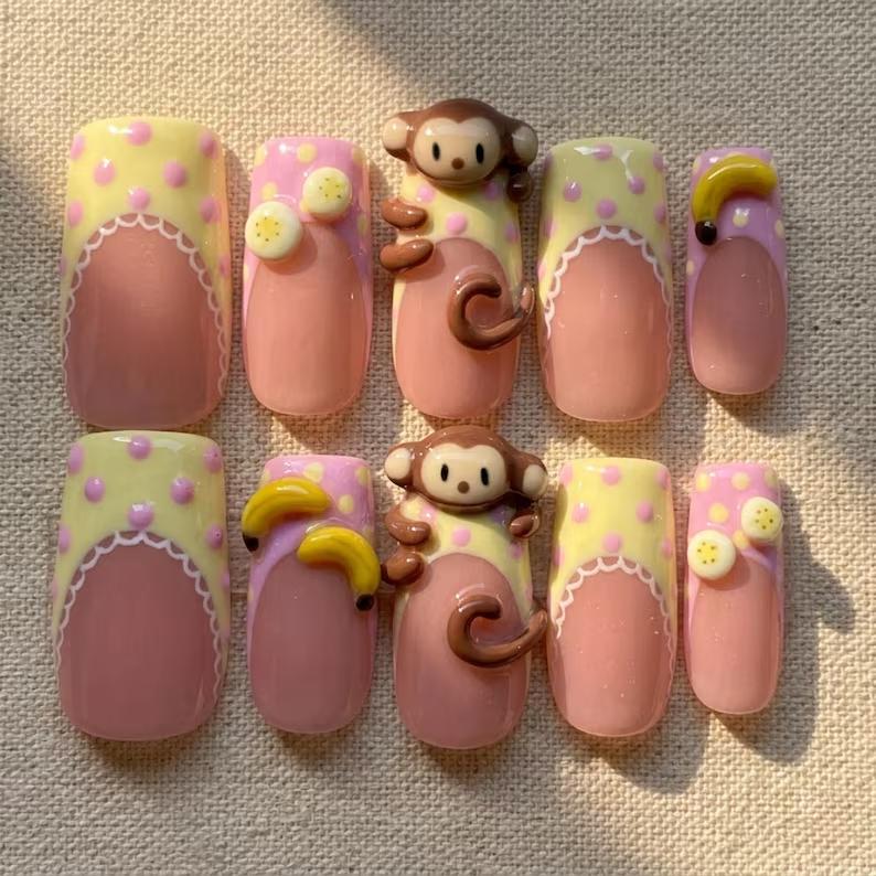 3D Monkey Press On Nails Set Pastel Polka Dot Banana Kawaii Kidcore Medium Square Handmade Nails for Holiday, Vacation, Birthday