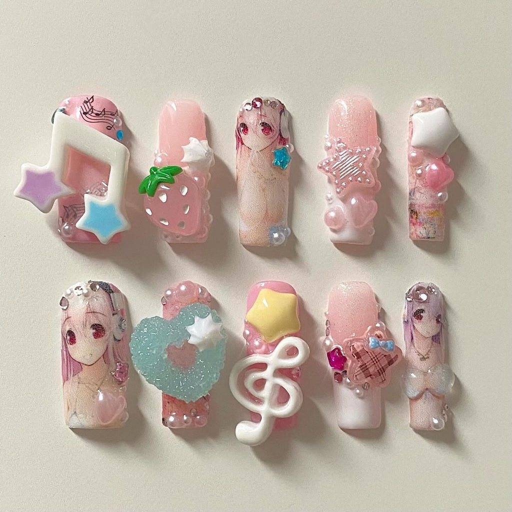 Handmade Super Sonico Inspired Press On Nails, Kawaii Y2K Anime Nails, 3D Heart Star Nail Set, Music Note Press On Nails, Reusable Cosplay Fake Nails with Gift Set (Adhesive Tabs, Nail File, Cuticle Stick)