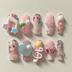 Handmade Super Sonico Inspired Press On Nails, Kawaii Y2K Anime Nails, 3D Heart Star Nail Set, Music Note Press On Nails, Reusable Cosplay Fake Nails with Gift Set (Adhesive Tabs, Nail File, Cuticle Stick)