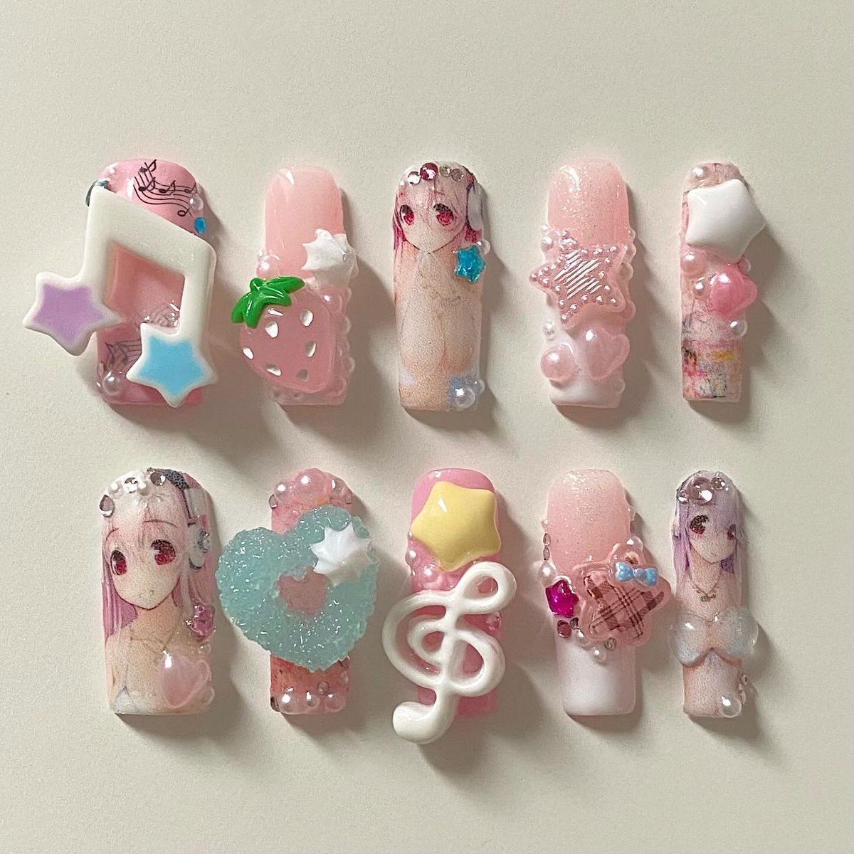 Handmade Super Sonico Inspired Press On Nails, Kawaii Y2K Anime Nails, 3D Heart Star Nail Set, Music Note Press On Nails, Reusable Cosplay Fake Nails with Gift Set (Adhesive Tabs, Nail File, Cuticle Stick)