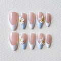 Blue Floral Press On Nails, Plumeria Flower Nails, French Tip Nails, Summer Beach Nails