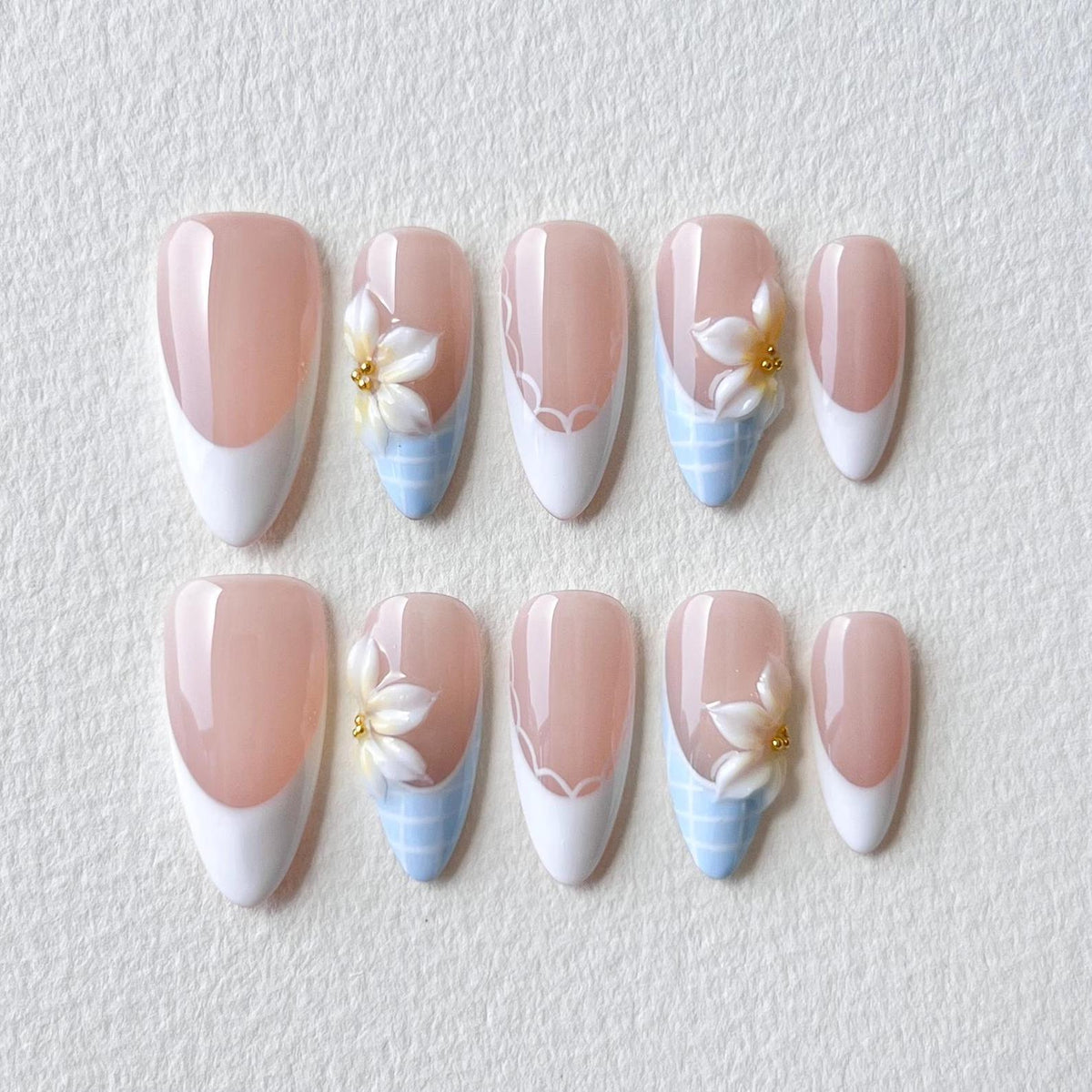 Blue Floral Press On Nails, Plumeria Flower Nails, French Tip Nails, Summer Beach Nails