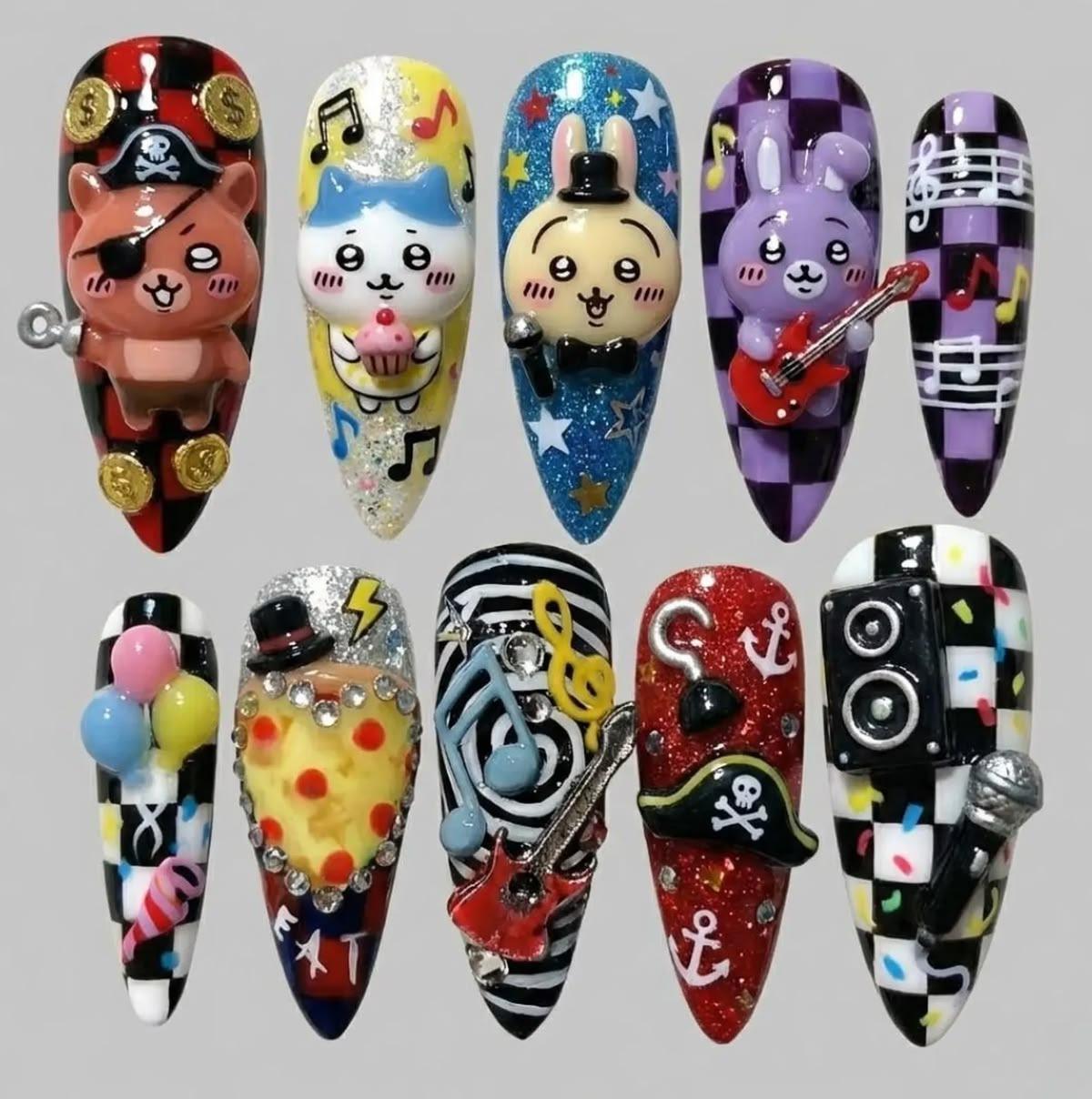 Kawaii Character Press On Nails | 3D Pirate Pizza Punk Nail Art | Handmade Anime Inspired False Nails for Beaches, Summer, Holiday, Vacation, Birthday