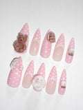 Handmade Pink Polka Dot Press On Nails, 3D Bear Bunny Almond Nails, Kawaii Coquette Nail Set, Cute Reusable Gel Fake Nails with Gift Set (Adhesive Tabs, Nail File, Cuticle Stick)