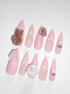 Handmade Pink Polka Dot Press On Nails, 3D Bear Bunny Almond Nails, Kawaii Coquette Nail Set, Cute Reusable Gel Fake Nails with Gift Set (Adhesive Tabs, Nail File, Cuticle Stick)