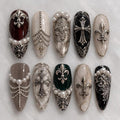 Gothic Silver Cross Press On Nails, Black Burgundy Medieval Charm Nails with Chains and Gems, Dark Reusable Glue On Manicure Set