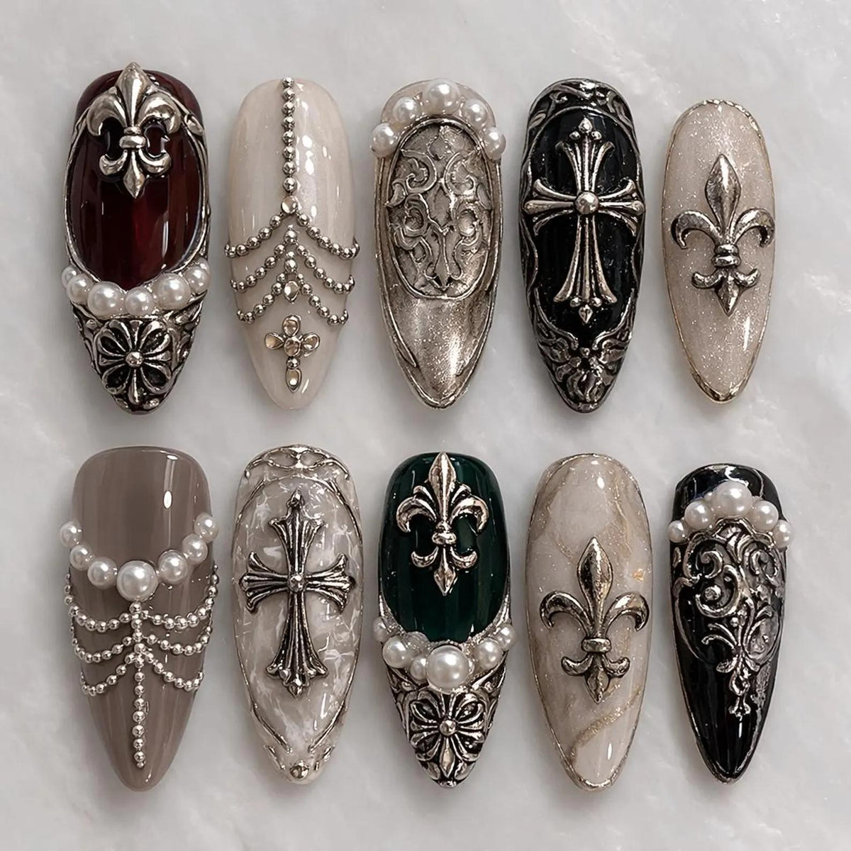 Gothic Silver Cross Press On Nails, Black Burgundy Medieval Charm Nails with Chains and Gems, Dark Reusable Glue On Manicure Set