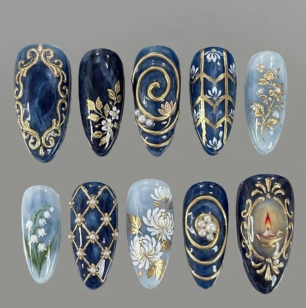 Handmade Press On Nails | Midnight Serenade And Victorian Elegance | 3D Gold Baroque Frames, Candlelight & Lily of the Valley Art Nails