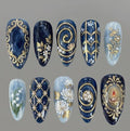 Handmade Press On Nails | Midnight Serenade And Victorian Elegance | 3D Gold Baroque Frames, Candlelight & Lily of the Valley Art Nails