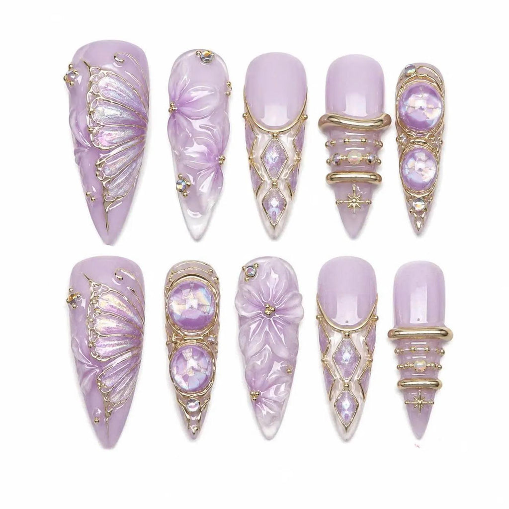 Lavender Butterfly Press On Nails | 3D Pearl Chrome Fairycore Glam Set