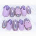 Handmade EDittowu Inspired Press On Nails, Lavender Holographic Pokemon Nails, 3D Purple Drip Nail Set, Kawaii Anime Reusable Fake Nails with Gift Set (Adhesive Tabs, Nail File, Cuticle Stick)