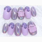 Handmade EDittowu Inspired Press On Nails, Lavender Holographic Pokemon Nails, 3D Purple Drip Nail Set, Kawaii Anime Reusable Fake Nails with Gift Set (Adhesive Tabs, Nail File, Cuticle Stick)