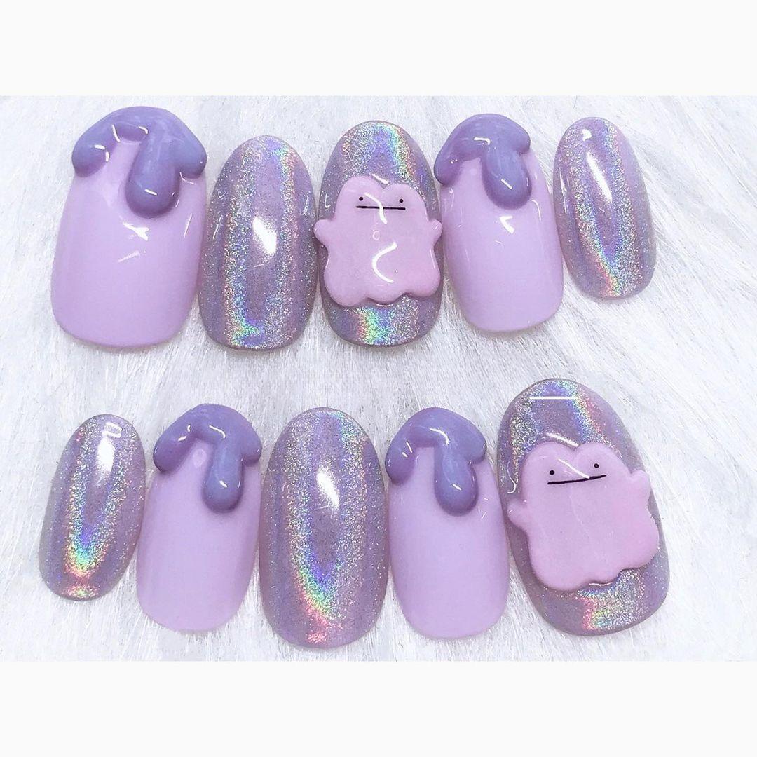 Handmade EDittowu Inspired Press On Nails, Lavender Holographic Pokemon Nails, 3D Purple Drip Nail Set, Kawaii Anime Reusable Fake Nails with Gift Set (Adhesive Tabs, Nail File, Cuticle Stick)