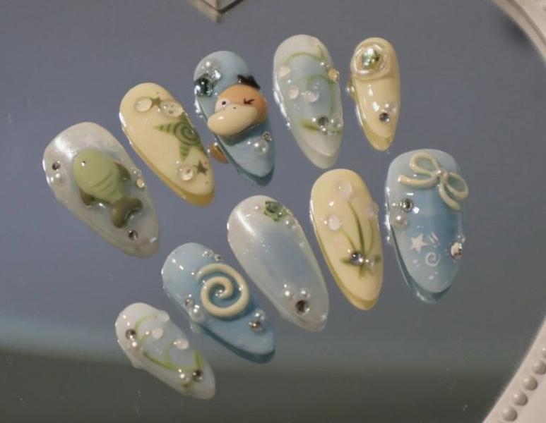 Handmade OyPsyduckyie Press On Nails, Kawaii Pokemon Pond Nails, 3D Pastel Blue Yellow Acrylic Nails, Water Lily Pad Fish Star Nails, Japanese Glue On Nails with Gift Set (Adhesive Tabs, Nail File, Cuticle Stick)