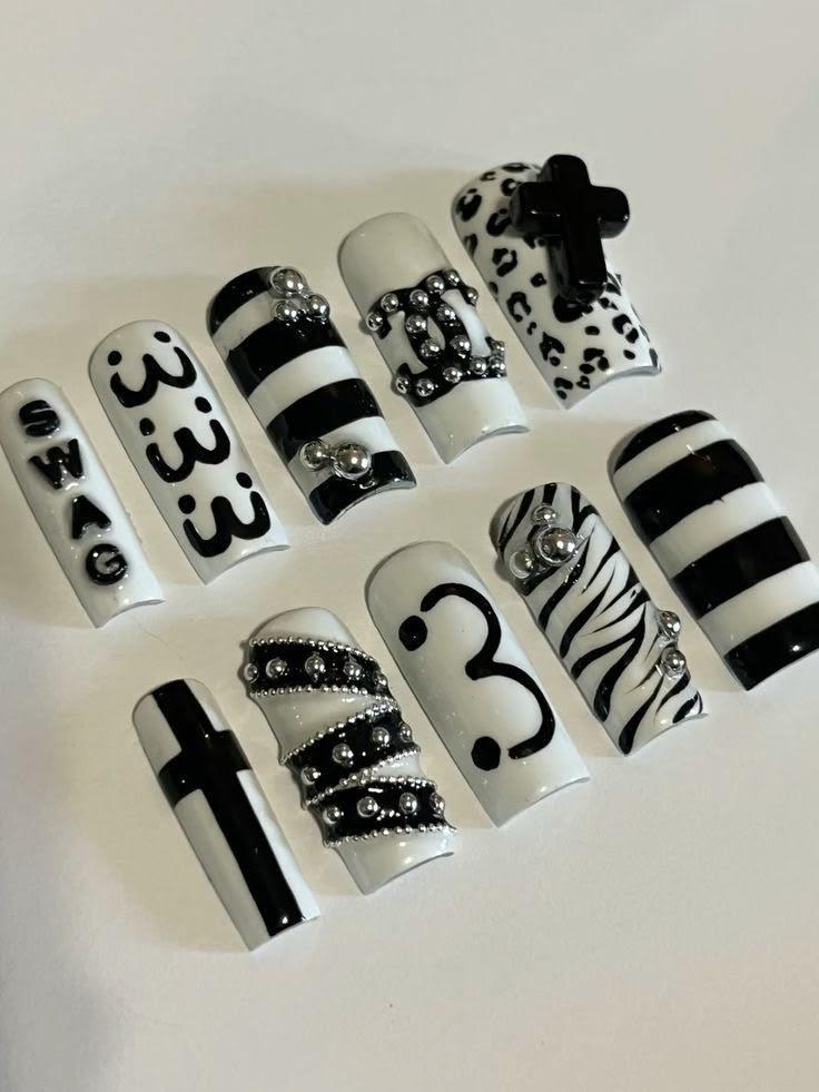 Handmade Gothic Black White Press On Nails, Y2K Punk Zebra Leopard Nails, Cross Charm Alt Nail Set, Grunge Reusable Fake Nails with Gift Set (Adhesive Tabs, Nail File, Cuticle Stick)