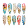 Tropical Ocean Paradise Luxury Press On Nails – 3D Beach Sunset, Mermaid Waves, Lemon & Turtle Summer Vacation Nails