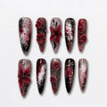 Handmade Gothic Red Ombre Press-On Nails | Dark Floral Stiletto Nail Set with 3D Flower Art | Alternative False Nails