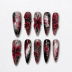 Handmade Gothic Red Ombre Press-On Nails | Dark Floral Stiletto Nail Set with 3D Flower Art | Alternative False Nails