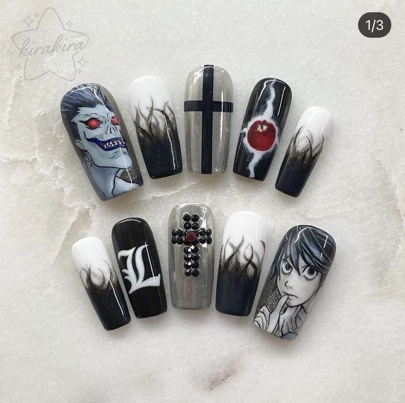 Death Note Inspired Hand-Painted High-Quality Gel Press-On Nails Set - Gothic Dark Cross Art, Multi-Size, Reusability, Ryuk L Anime Cosplay Gift Set (Adhesive Tabs, Nail File, Cuticle Stick)