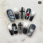 Death Note Inspired Hand-Painted High-Quality Gel Press-On Nails Set - Gothic Dark Cross Art, Multi-Size, Reusability, Ryuk L Anime Cosplay Gift Set (Adhesive Tabs, Nail File, Cuticle Stick)