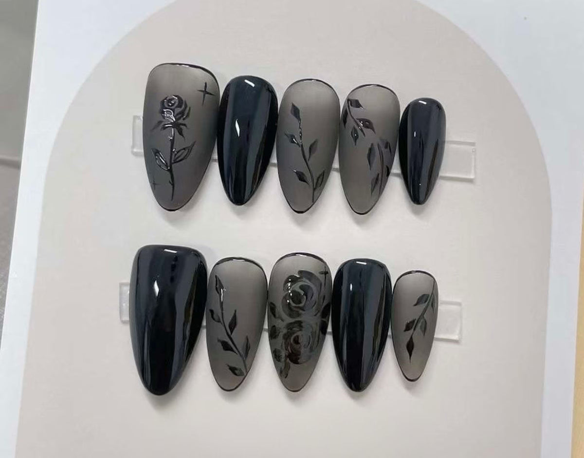 Handmade Black Rose Press On Nails: Reusable Gel Coquette Nails