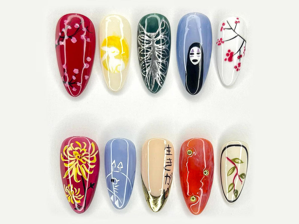 Kwaii Cartoon Press On Nails | Japan Inspired Nail Art | Custom 3D Handpainted Long Almond Press Ons | Birthday, Party, Cosplay