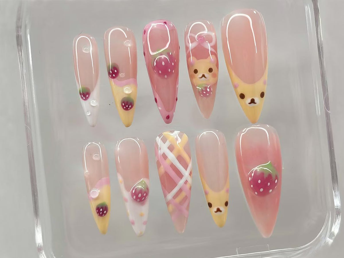 Kawaii Strawberry Bear Press On Nails | Pastel Fruit Nail Art