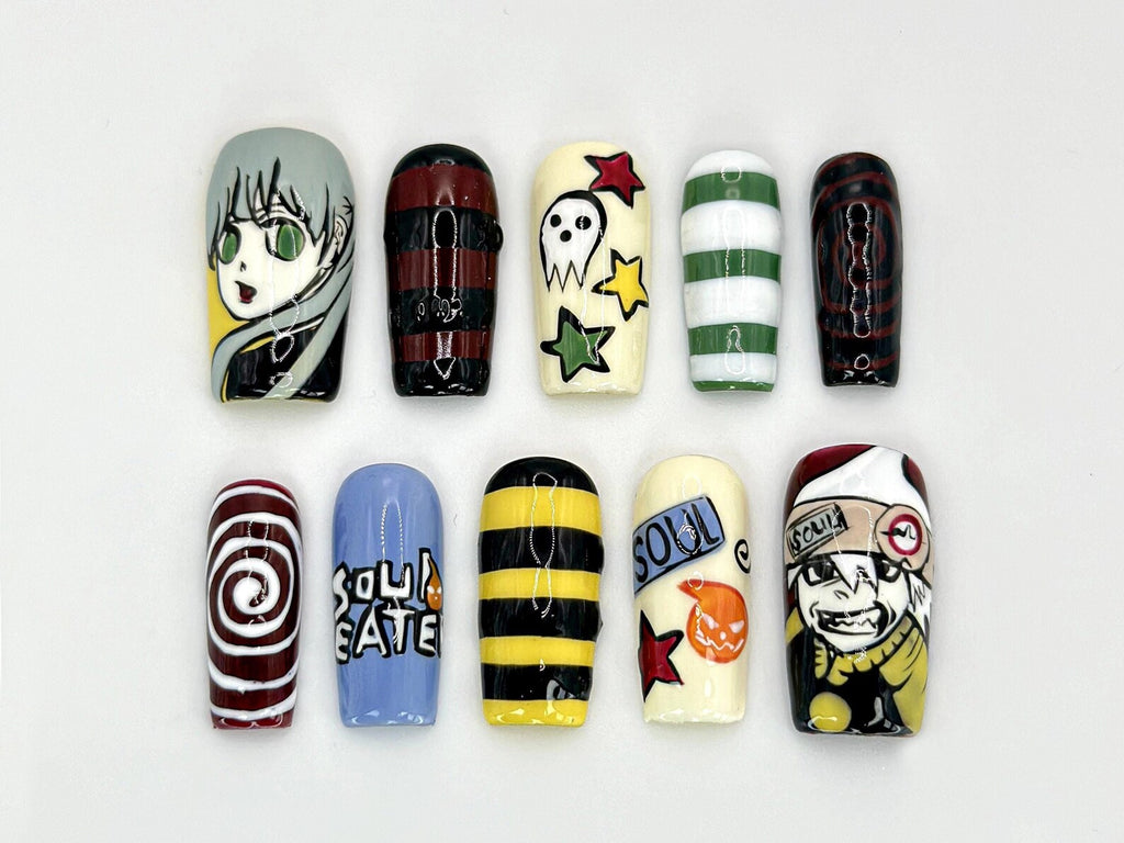 Soul Eater Anime Press-On Nails | Artistic Anime Nails with Iconic Characters | Anime-Inspired Soul Eater Design | For Anime Fans