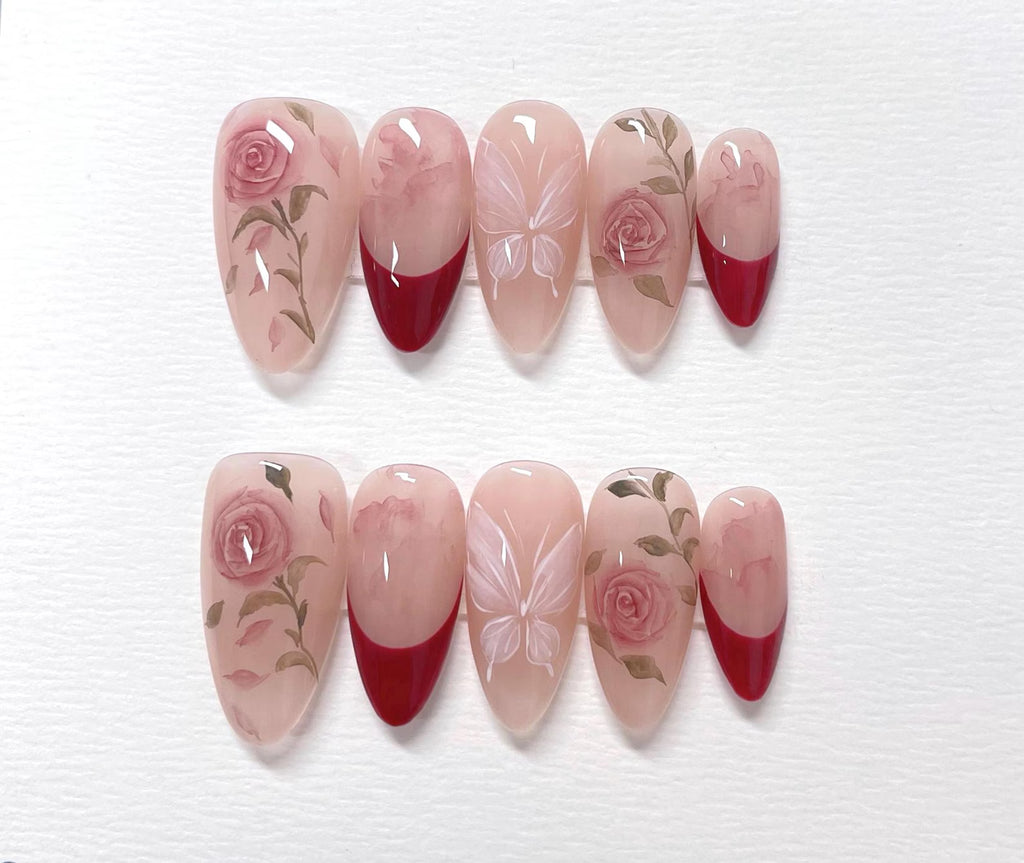 Red Roses Press On Nails: Hand Painted Reusable Faux Nails