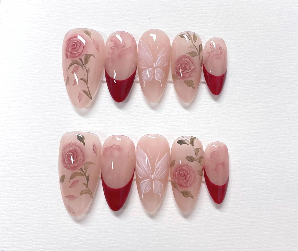 Red Roses Press On Nails: Hand Painted Reusable Faux Nails