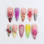 Press On Nails Tropical with Leopard & Floral | 3D Flower and Cherry Art in Long Almond | Handmade Nail Art for Holiday, Party, Vacation