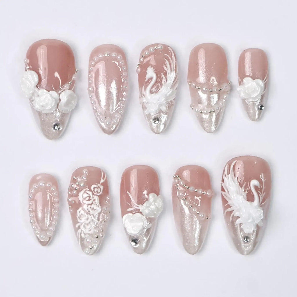 Press On Nails Swan Elegance with Rose & Pearl | 3D Floral Fake Nail in Medium Almond | Handmade Bridal Nail Art for Wedding, Prom, Birthday