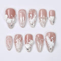 Press On Nails Swan Elegance with Rose & Pearl | 3D Floral Fake Nail in Medium Almond | Handmade Bridal Nail Art for Wedding, Prom, Birthday