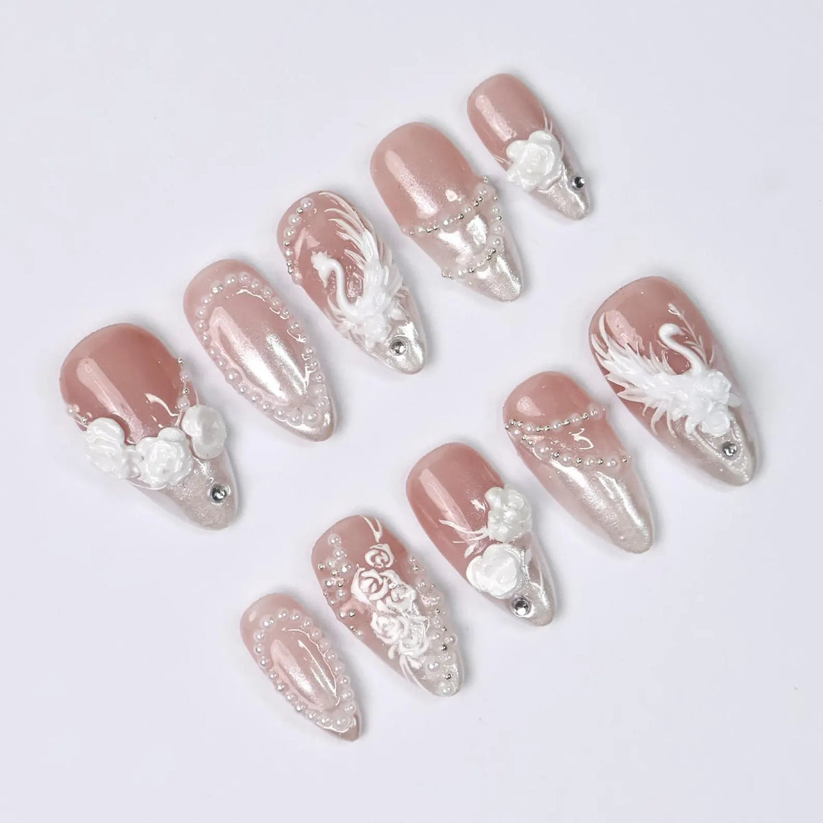 Press On Nails Swan Elegance with Rose & Pearl | 3D Floral Fake Nail in Medium Almond | Handmade Bridal Nail Art for Wedding, Prom, Birthday