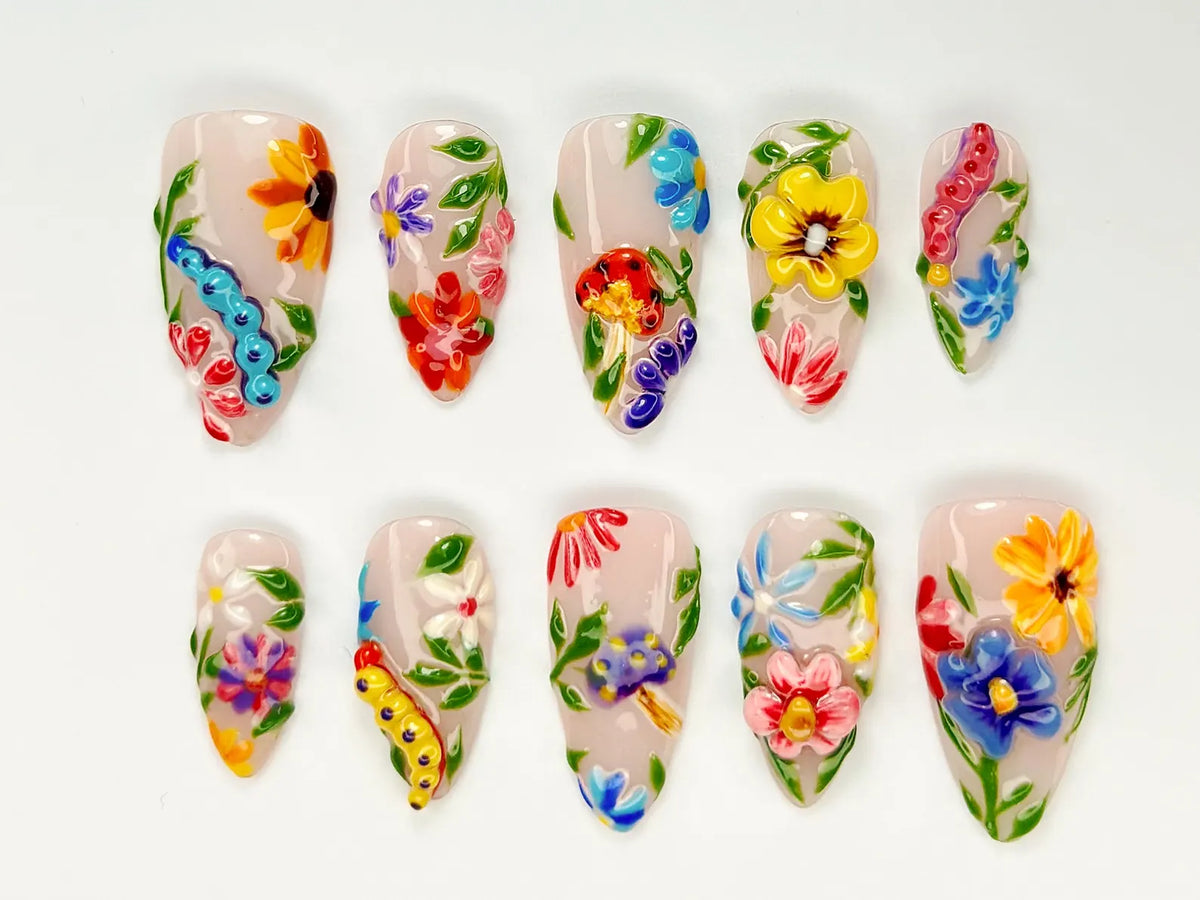 Colorful Flower Press-On Nails | Spring Flower Press Ons | 3D Flowers Fake Nails| Perfect for Special Occasions