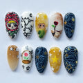 Fairy Lights Press On Nails, Cartoon Nails, Birthday Nails, Japanese Inspired Nails, Nara Nail Art, Medium Almond Nail Set, Fantasy Nails